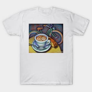 Green Schwinn bicycle with cappuccino and biscotti. T-Shirt